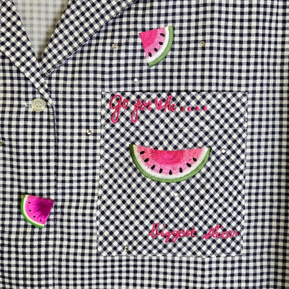 Vtg Quacker Factory Gingham Watermelon Themed Short Sleeve Button Down Shirt, 3X - Picture 6 of 13